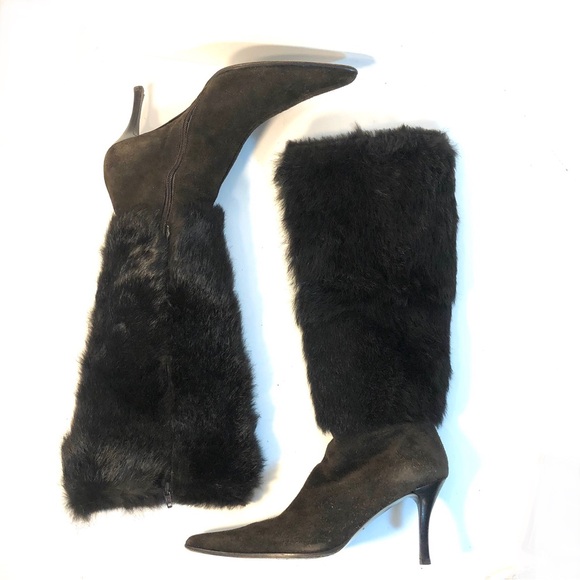 SAKS FIFTH AVENUE Dark Brown Rabbit Fur and Suede Knee High Boots - Picture 3 of 12